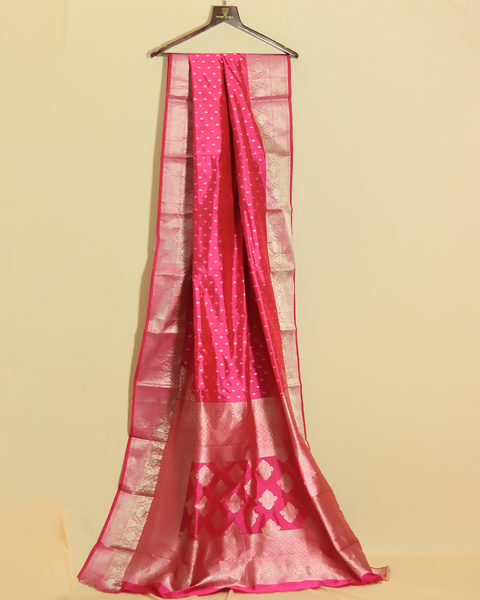 Regal Rani Pink with Ornate Silver Zari Kanjivaram Pure Silk Saree