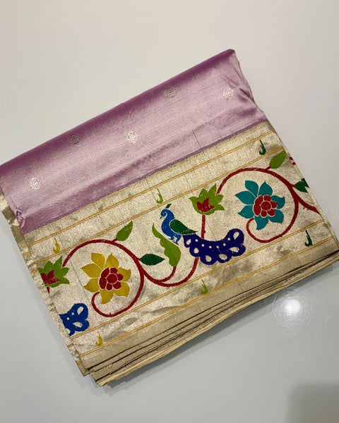 Lavender Pure Silk Heirloom Paithani with Peacock Silver Zari Border