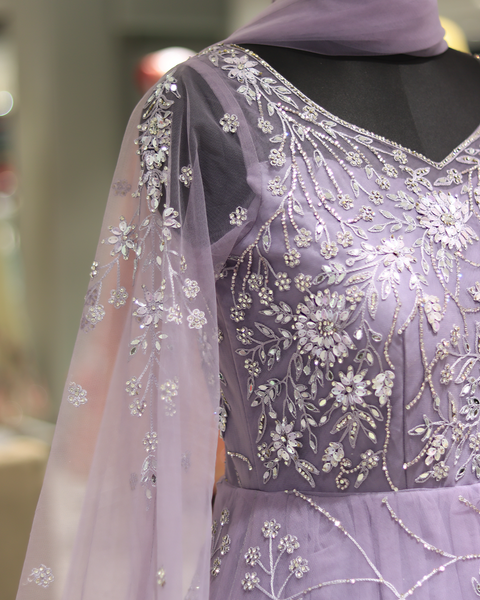 Lavender Net Gown With Intricatef Floral Embroidery