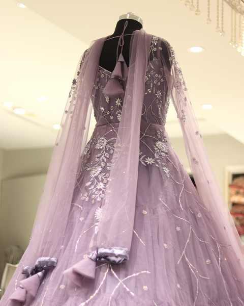 Lavender Net Gown With Intricatef Floral Embroidery