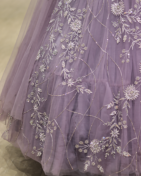 Lavender Net Gown With Intricatef Floral Embroidery