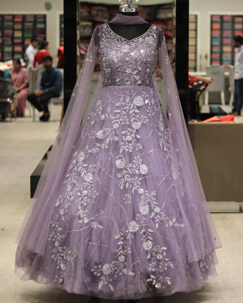 Lavender Net Gown With Intricatef Floral Embroidery