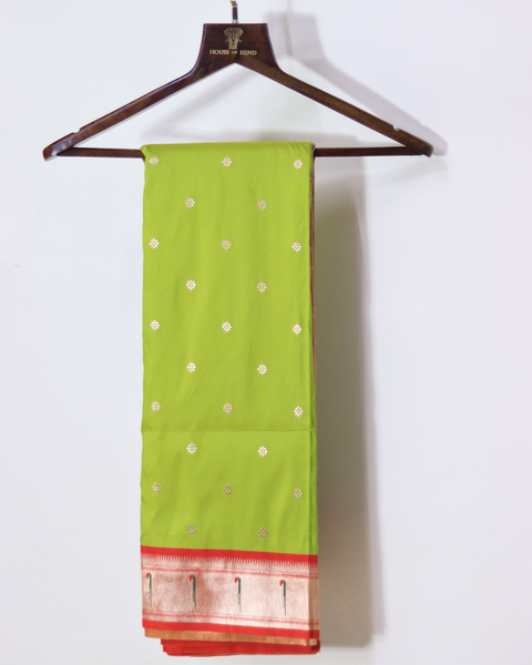 Light Green Semi-Silk Paithani Saree with Red Border