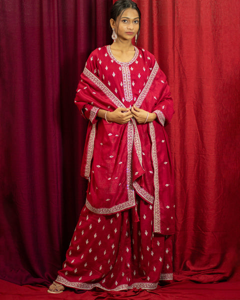 Maroon Three-Piece Palazzo Suit with White Pearl