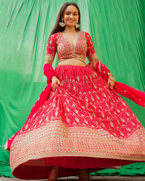 Pink Bandhani Print Designer Lehenga with Blouse and Dupatta