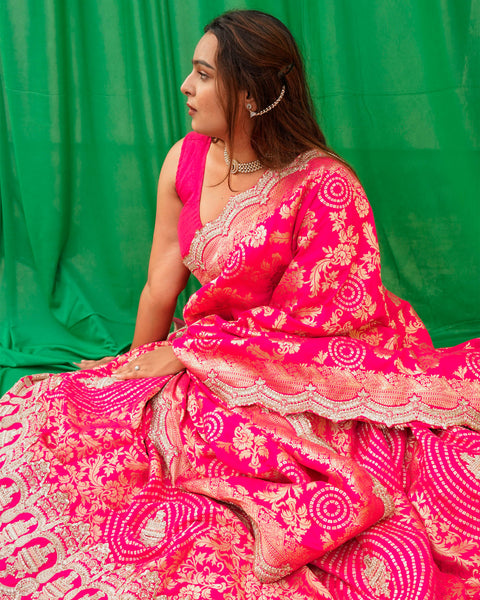 Hot Pink Bandhani Print Designer Lehenga with Banarasi Zari Dupatta