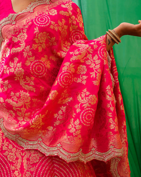 Hot Pink Bandhani Print Designer Lehenga with Banarasi Zari Dupatta