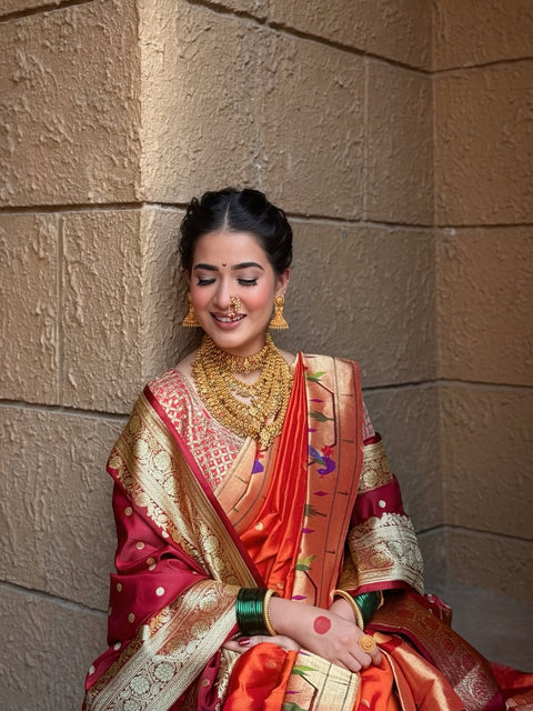 Orange Pure Silk Heirloom Paithani with Peacock Border