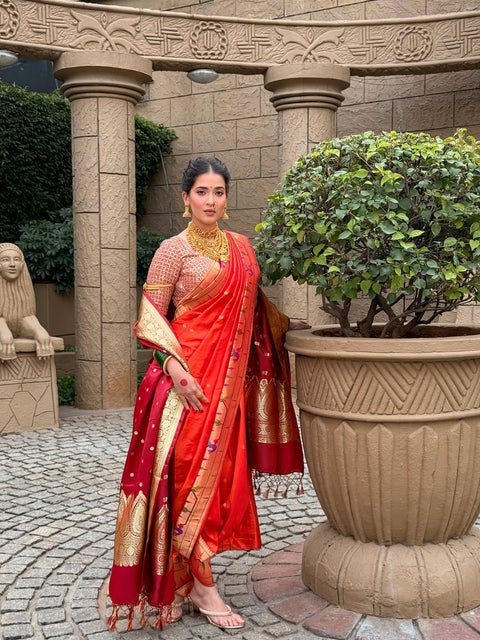 Orange Pure Silk Heirloom Paithani with Peacock Border