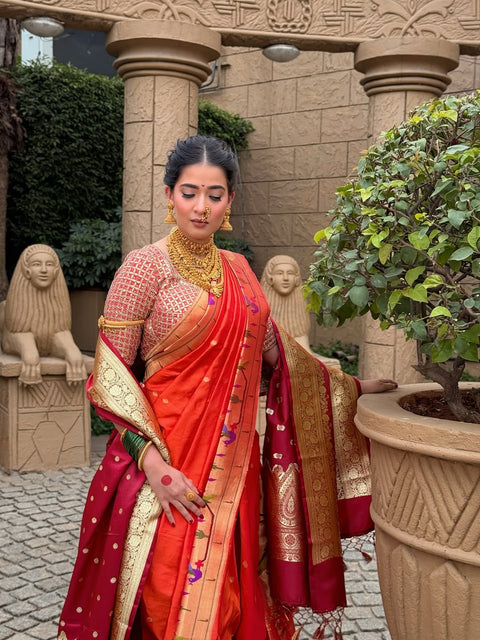 Orange Pure Silk Heirloom Paithani with Peacock Border