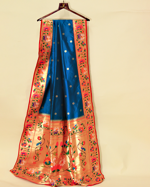 Blue Paithani Silk Saree with Ornate Red Pallu