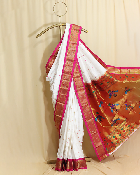 White Pure Silk Paithani Saree with Rani Chatai Border