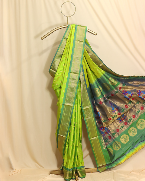 Parrot Green Paithani Silk Saree with Chatai Border