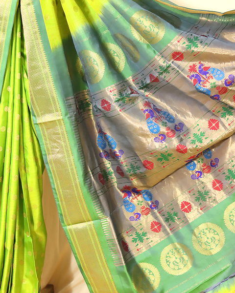 Parrot Green Paithani Silk Saree with Chatai Border