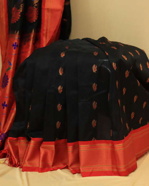 Black Paithani Saree With Red Border and Peacock Motifs