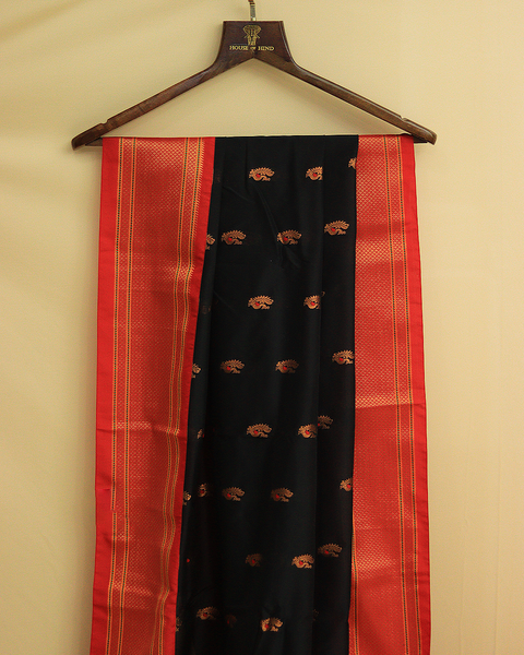 Black Paithani Saree With Red Border and Peacock Motifs