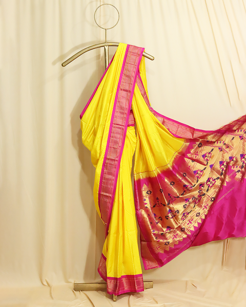 Yellow Pure Silk Paithani Saree with Chatai Border & Rani Pink Blouse