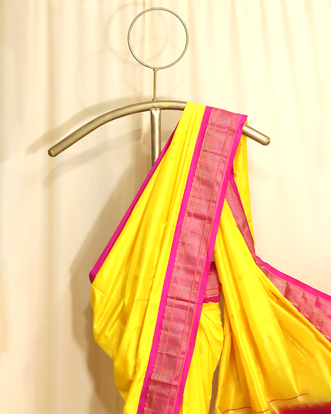 Yellow Pure Silk Paithani Saree with Chatai Border & Rani Pink Blouse