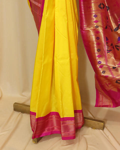 Yellow Pure Silk Paithani Saree with Chatai Border & Rani Pink Blouse