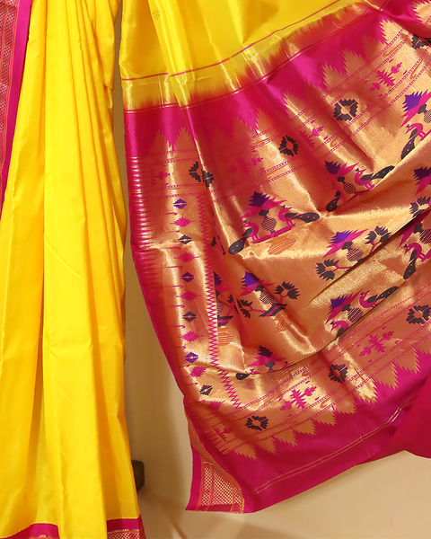 Yellow Pure Silk Paithani Saree with Chatai Border & Rani Pink Blouse