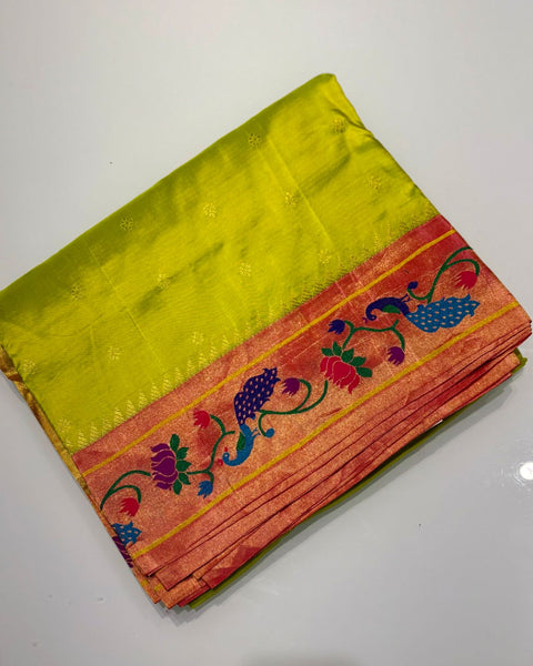 Parrot Green Pure Silk Paithani with Peacock & Lotus Border