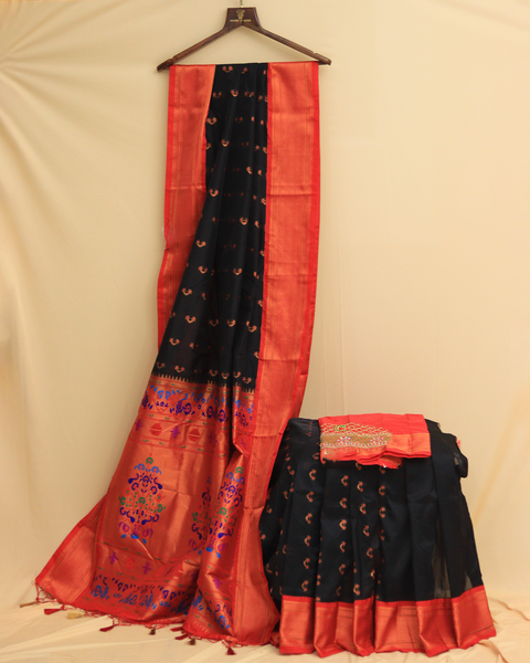 Black Semi-Silk Saree with Red Chatai Border