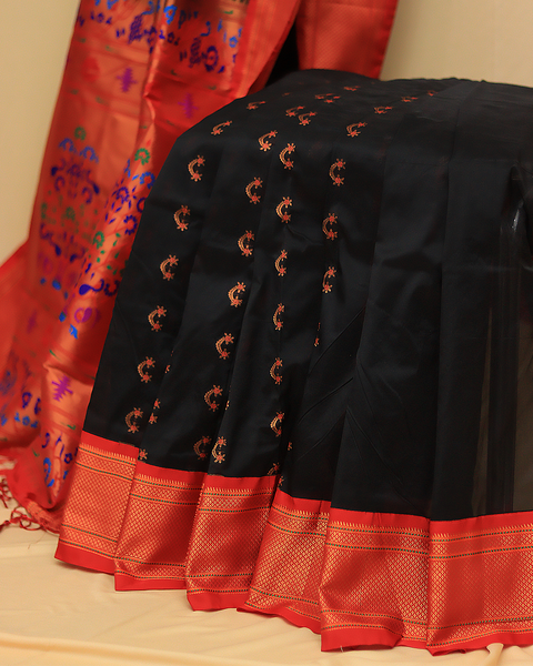 Black Semi-Silk Saree with Red Chatai Border