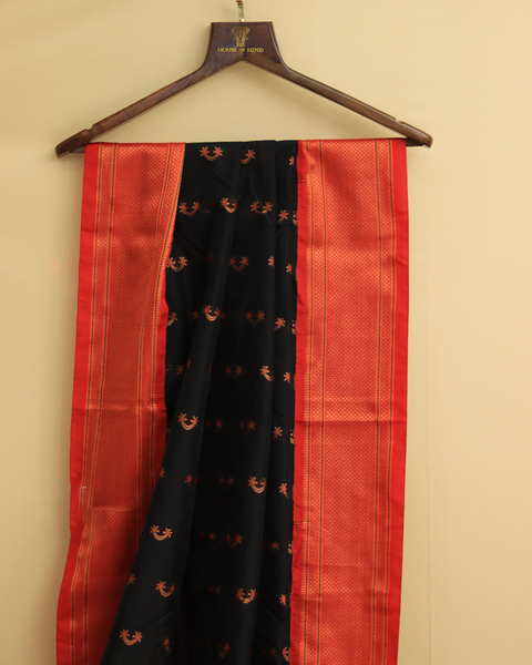 Black Semi-Silk Saree with Red Chatai Border