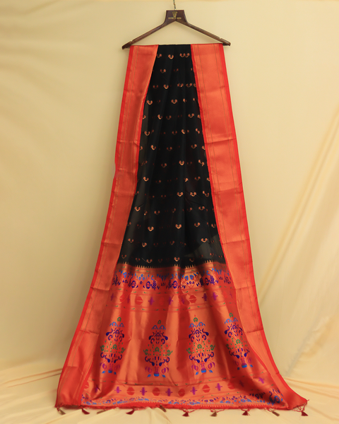 Black Semi-Silk Saree with Red Chatai Border