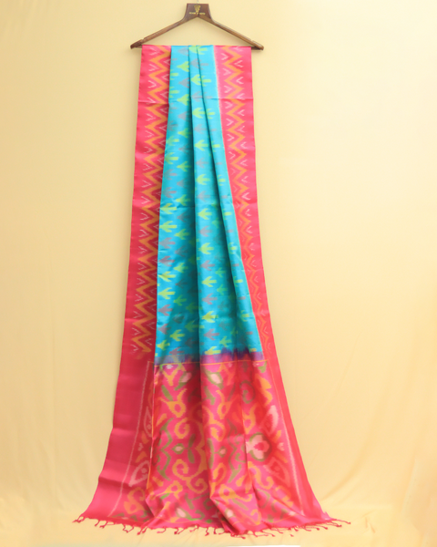 Vivid Swirls Pink Patola Saree with Aqua Pallu