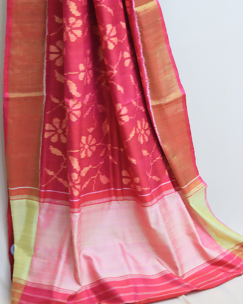 Blossom Charm Deep Pink Patola Saree with Golden Zari Border