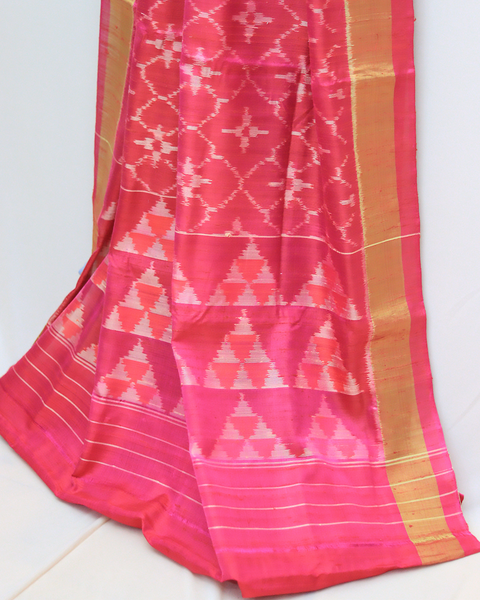 Deep Pink Patola Silk Saree with Gold Zari Border