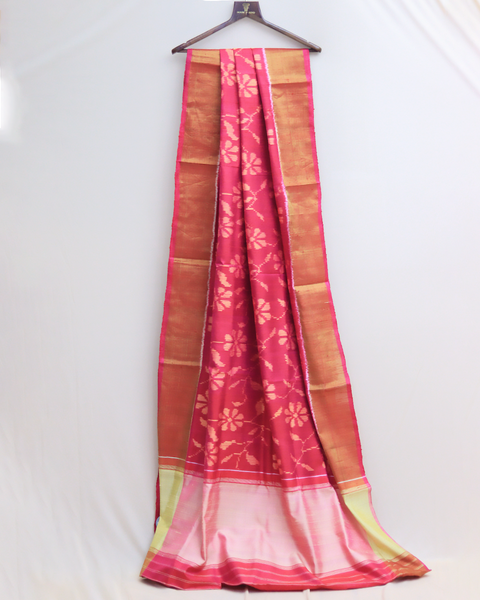 Blossom Charm Deep Pink Patola Saree with Golden Zari Border