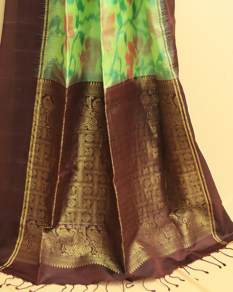 Majestic Peacocks Chocolate Patola Saree with Golden Zari