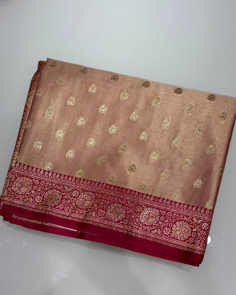 Peach Banarasi Semi Silk Saree with Contrast Border and Embroidered Blouse