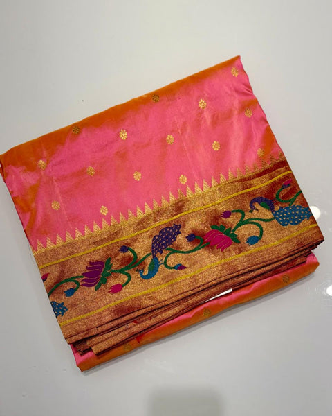 Peach Pure Silk Paithani with Peacock & Lotus Border