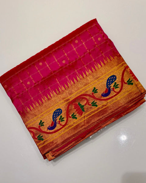 Pink Pure Silk Heirloom Paithani with Kadiyal Border & Checkered Design