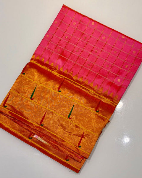 Pink Pure Silk Heirloom Paithani with Triple Muniya & Checkered Design