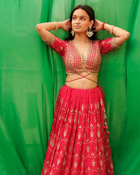 Pink Bandhani Designer Lehenga with Blouse and Dupatta