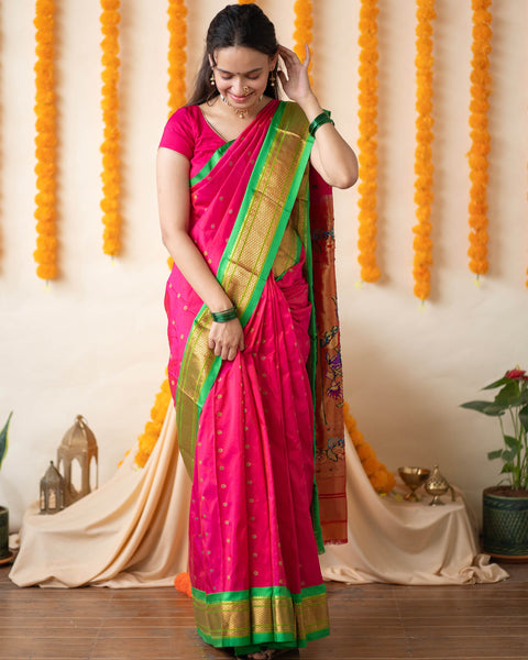 Pink Paithani Saree with Contrast Green Traditional Chatai Border and Pallu