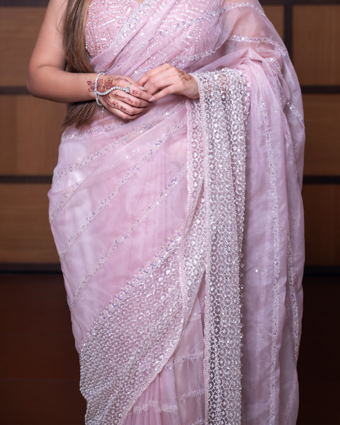 Pink Saree Stone Work