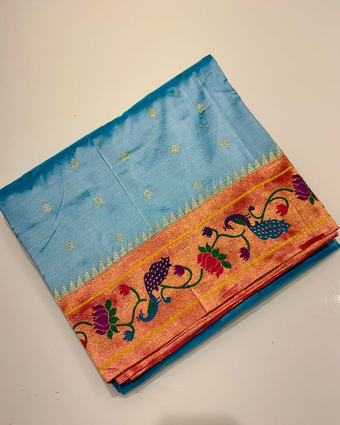 Powder Blue / Sky Blue Pure Silk Paithani with Lotus & Peacock Border