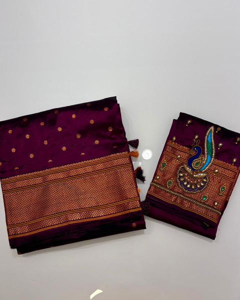 Wine Semi-Silk Paithani with Designer Embroidered Blouse Piece