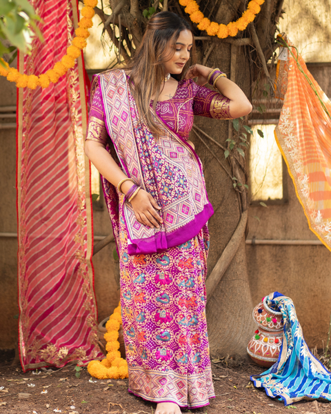 Purple Khaddi Georgette Bandhani Saree with Zari Work
