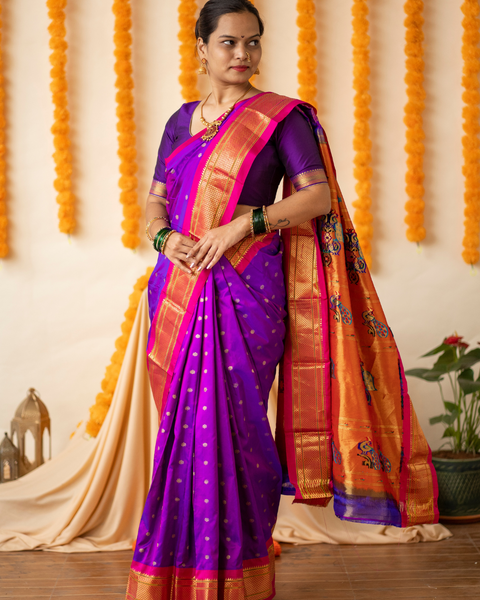 Purple Paithani with Contrasting Pink Traditional Border and Pallu
