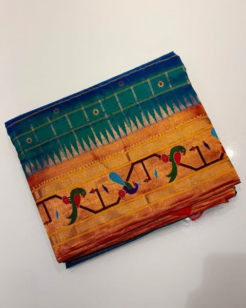 Rama / Peacock Blue Checkered Heirloom Paithani with Parrot & Peacock Border