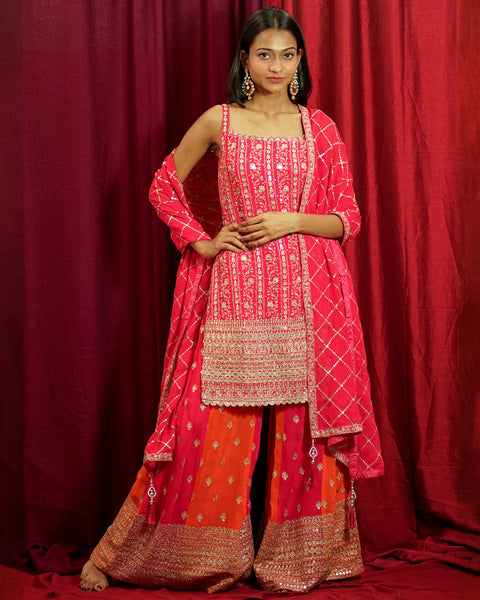 Rani Pink Heavy Work Kurta with Striped Plazzo