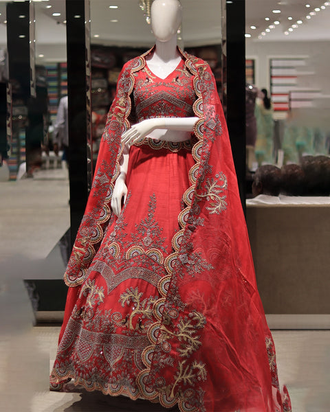 Raw Silk Red bridal lehenga