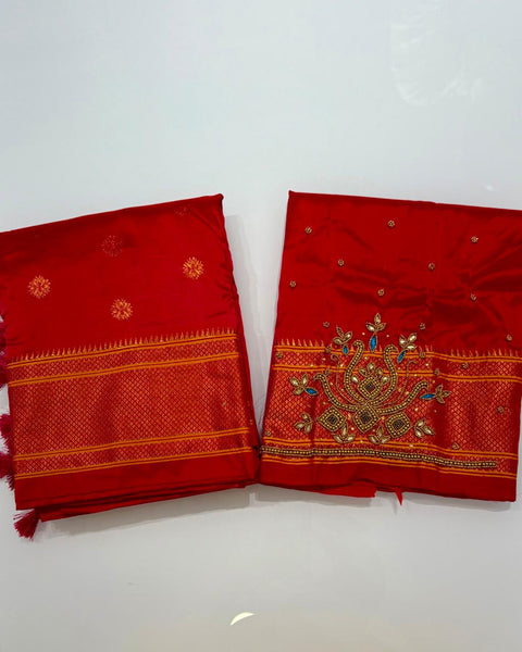 Red Semi-Silk Paithani with Designer Embroidered Blouse Piece