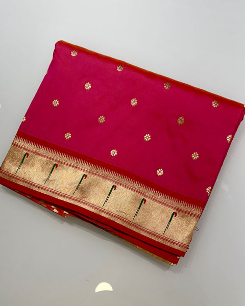 Red Single Muniya Semi Silk Paithani